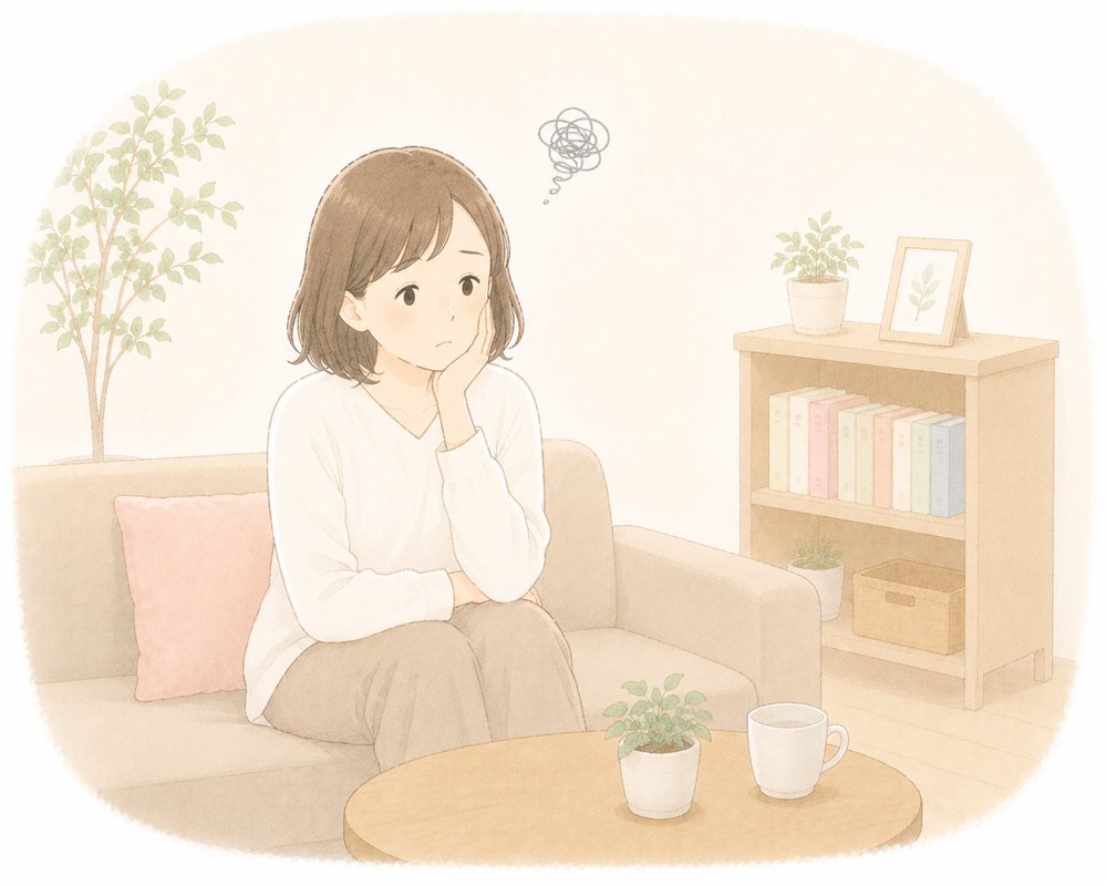 一人で悩みを抱えている女性のイラスト