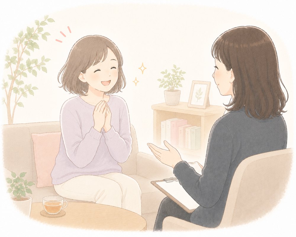 カウンセリングで笑顔になった相談者と後藤のイラスト