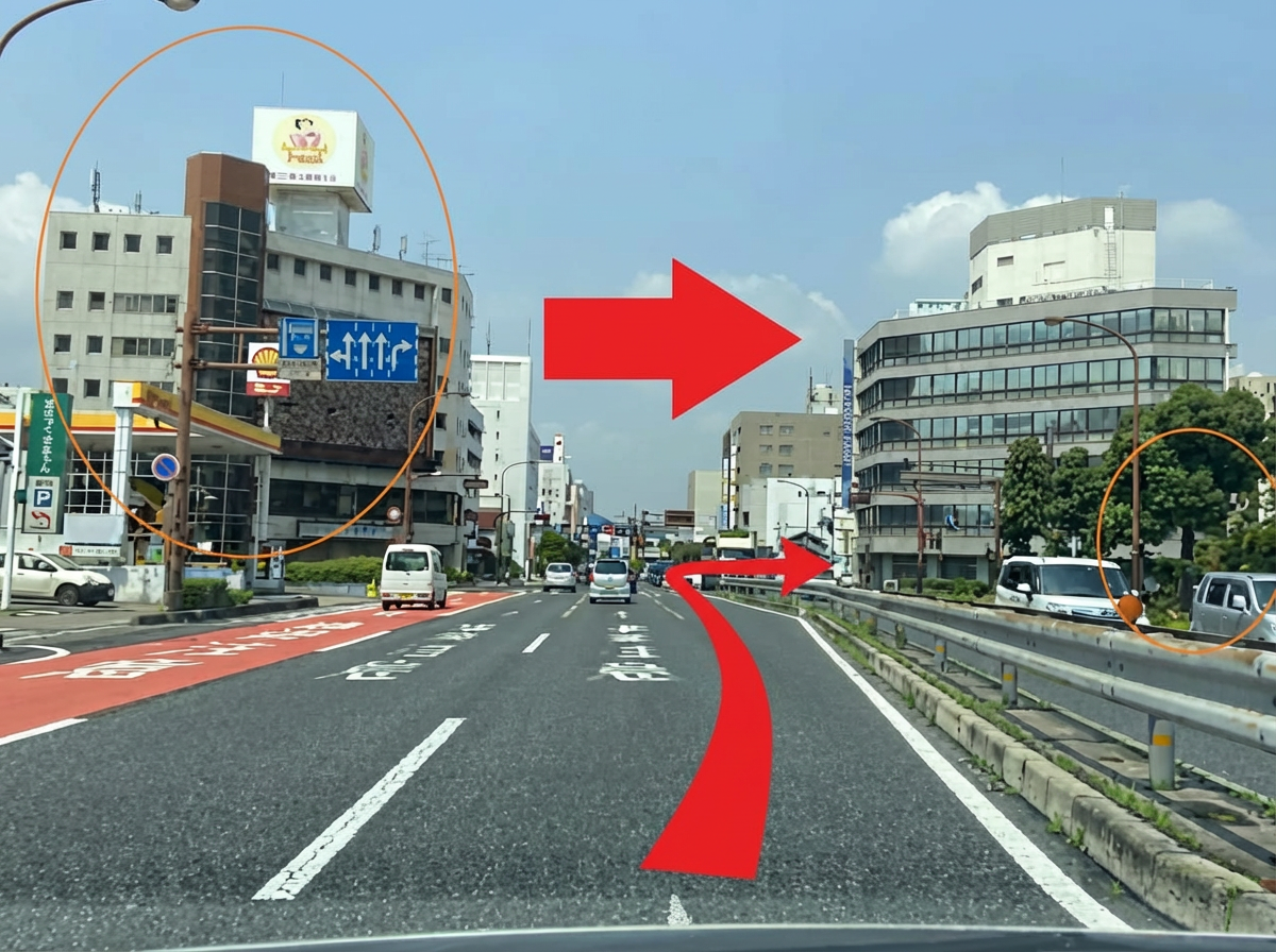 2号線右折ポイント - ガソリンスタンドが目印