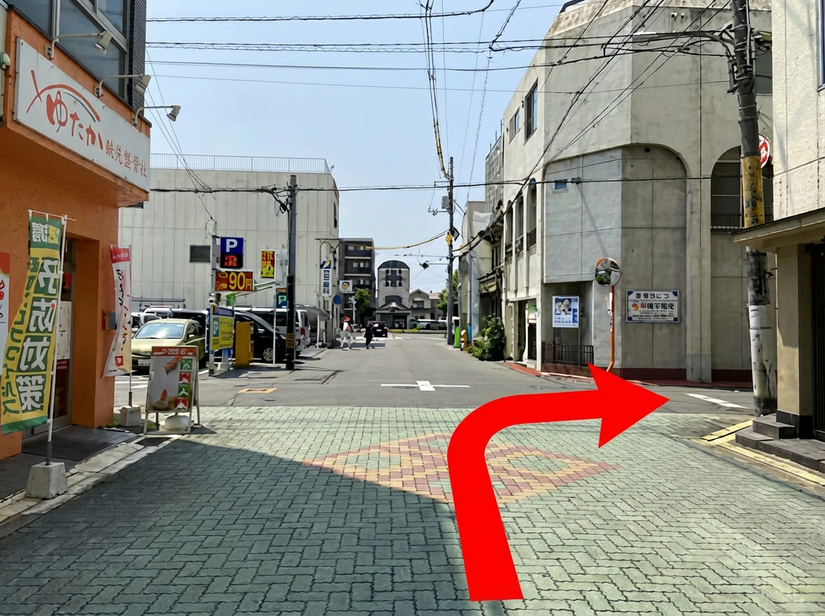 右折ポイント - 整骨院が目印