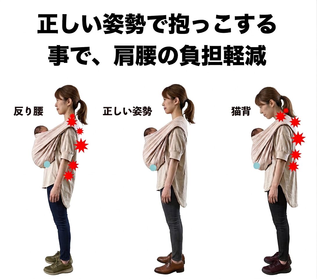 正しい姿勢で抱っこすることで、肩腰の負担軽減