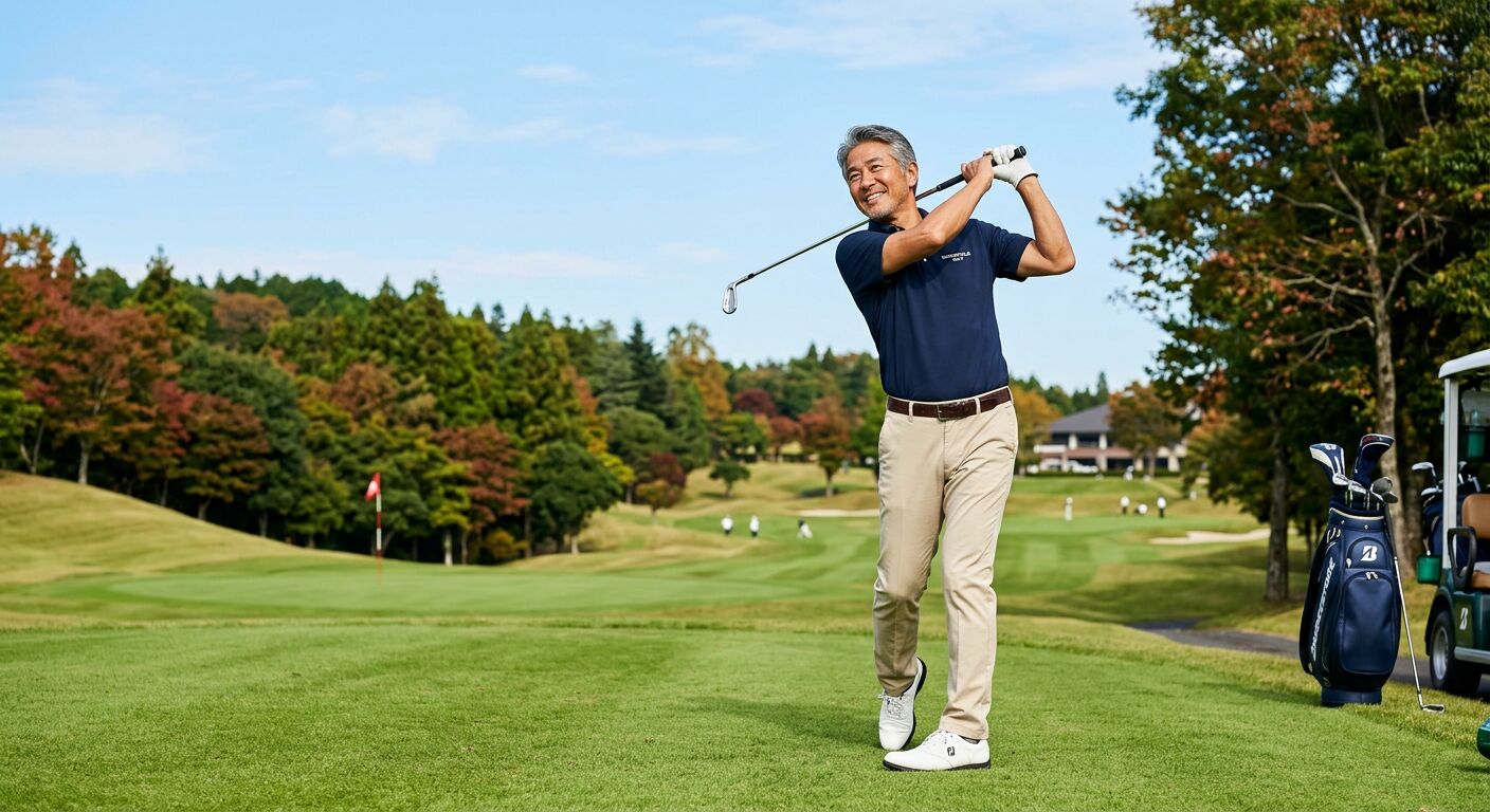 50代男性ゴルファーがゴルフ場でプレーしている様子