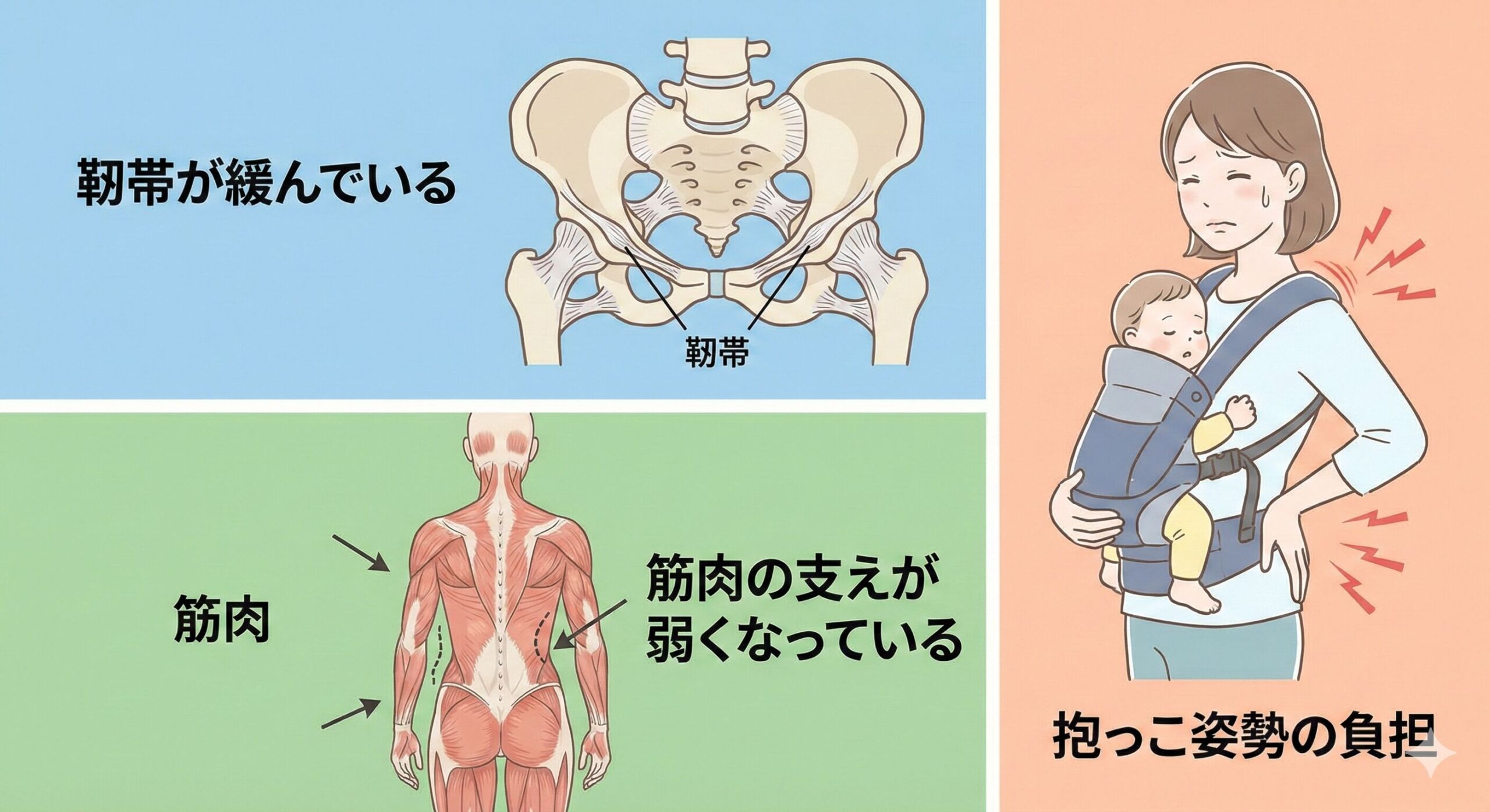 産後の骨盤周囲の不安定要因：靭帯の弛緩・筋力低下・抱っこ姿勢の負担